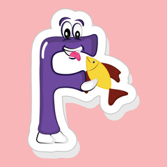 Poster - Sticker Style Purple F Alphabet Cartoon Character Holding Fish On Pink Background.