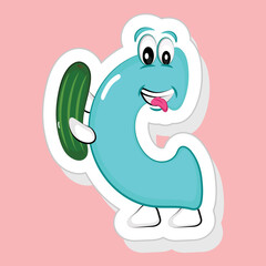 Poster - Sticker Style Blue C Alphabet Cartoon Character Holding Cucumber On Pink Background.