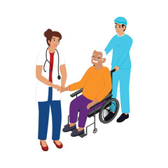 Sticker - Female Doctor Examining To Senior Patient At Wheelchair With Ward Boy On White Background.