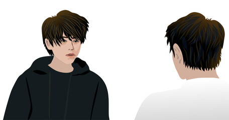 View of two people talking face to face, one in black hoodie and the other in shirt, front and back view, realistic minimalist illustration vector