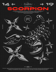 Wall Mural - retro futuristic poster with scorpion and shurikens. abstract print, for streetwear, print for t-shi
