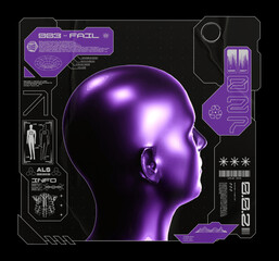 Wall Mural - retro futuristic square poster with metallic human head. abstract print with cyberpunk frames, for s