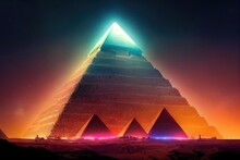 Desert With The Great Pyramids Of Ancient Egypt. Giza With Pyramids. Fantasy Desert Landscape. Illuminated Neon Pyramids. 3D Illustration.