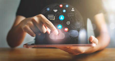 Social media and digital online concept, living on vacation and playing social media. Social Distancing and working from Home concept