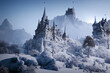 Fantasy castle covered by snow in the mountain. 3D illustration