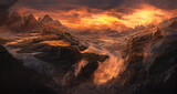Fototapeta Zachód słońca - Fantastic Epic Magical Landscape of Mountains. Summer nature. Mystic Valley, tundra, forest, hills. Game assets. Celtic Medieval RPG gaming background. Rocks and grass. Sunrise and sunset