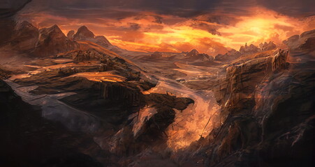 Wall Mural - Fantastic Epic Magical Landscape of Mountains. Summer nature. Mystic Valley, tundra, forest, hills. Game assets. Celtic Medieval RPG gaming background. Rocks and grass. Sunrise and sunset