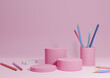 © Little River - Light, pastel, lavender pink 3D illustration back to school product display three podium or stand, horizontal image from side with pencils and chalk on table for product photography background