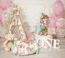 Pink And White Decoration For A 1st Birthday Cake Smash Studio Photo Shoot With Balloons, Paper Decor, Cake And Topper. High Quality Photo