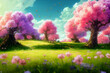 3D illustration. Beautiful fantasy landscape field full of spring with flowers field, beautiful sky, anime style color, digital art painting background