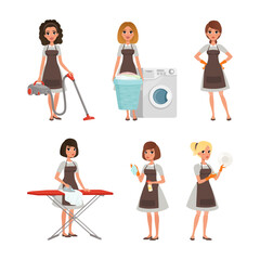 Poster - Maid in uniform with cleaning supplies set. Cleaning service of hotels and houses vector illustration