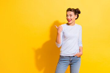 Wall Mural - photo of positive shocked lady find incredible promo point empty space isolated shine color backgrou
