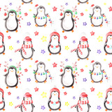 Fototapeta Pokój dzieciecy - Watercolor seamless pattern with different penguins in red hats, skarf, garland and hook caramel lollipop on background with different colored stars.New year, christmas and X-mas for print cards