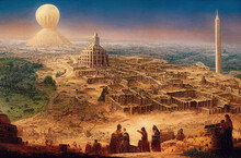 Ancient City Of Babylon With The Tower Of Babel, Bible And Religion, New Testament, Speech In Different Languages,Illustration, Tower