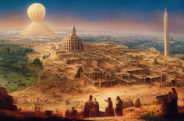 Wall Mural - Ancient city of Babylon with the tower of Babel, bible and religion, new testament, speech in different languages,Illustration, Tower