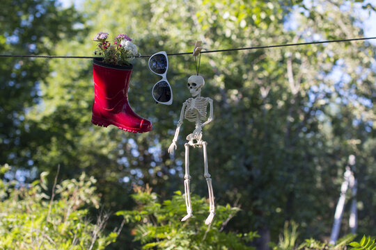 the skeleton is hanging on a rope drying in nature. Celebrating Halloween