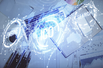 Aufkleber - Blockchain theme hologram drawings over computer on the desktop background. Top view. Multi exposure. Concept of cryptoeconomy.