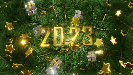 Wall Mural - new year and christmas 2023. mobile gold inscription 2023 on the background of green christmas tree 