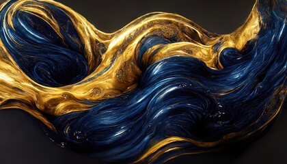 mixing liquid dark blue and gold paint, beautiful waves and streaks of acrylic paint, fluid art. mar
