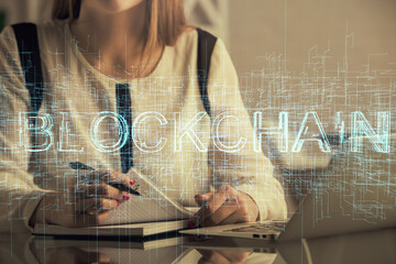 Aufkleber - Double exposure of woman hands typing on computer and crypto market theme hologram drawing. Blockchain concept.