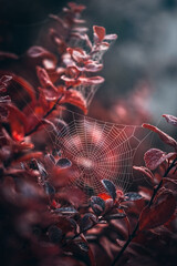 dewy spider web among colorful autumn leaves