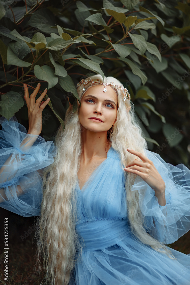 Blond princess. A beautiful elf girl with long white hair and a diadem ...