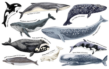 illustration of whales on a white background.