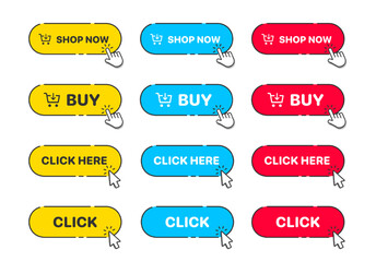 Fototapete - 3d click here web buttons. Set of action button, hand cursor and arrow pointing click link buttons. Add to cart, shop now buttons. Online shopping icons for UI UX website, mobile app.