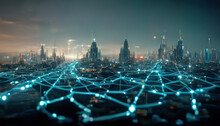 The Concept Of High-speed Internet Connection Visualized As Glowing Cable Webs Sending Digital Data Over Spectacular Futuristic Cyberpunk Cityscape With Skyscrapers. Digital Art 3D Illustration.