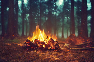 burning fire in the forest. beautiful landscape of nature and trees. sparks and flames. rest by the 