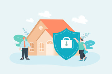 Wall Mural - huge shield protecting house flat vector illustration. tiny man protecting his property. safety, pro
