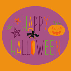 Vector illustration with happy halloween inscription, pumpkin, bat and stars. Image for a card, invitation to Halloween