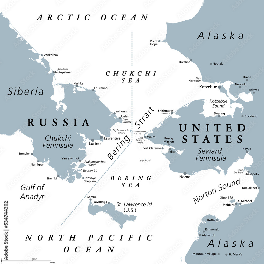 Bering Strait, gray political map. Strait between the North Pacific Ocean  and Arctic Ocean, separating the Chukchi Peninsula of the Russian Far East  from the Seward Peninsula of Alaska, United States. Stock, image size:1000x1000
