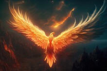 Phoenix Bird Risen From The Ashes, Fire Bird. Burning Bird. 3D Illustration.