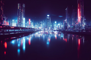 3d render illustration of night futuristic city with neon lignts and reflection on water