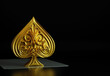 Golden ace of spades with bas - relief ornament on a silver card. 3D luxury illustration on a black background.