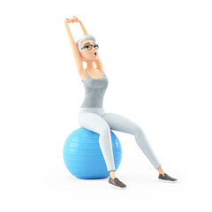 3d senior woman sitting on fitness ball doing stretching exercise