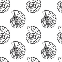 Seamless Pattern With The Silhouette Of An Ancient Nautilus Shell, A Fossil. Vector Illustration