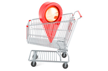 Poster - Map pointer inside shopping cart. Shop location concept. 3D rendering