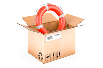 Poster - Parcel with lifebuoy. Safety delivery concept. 3D rendering