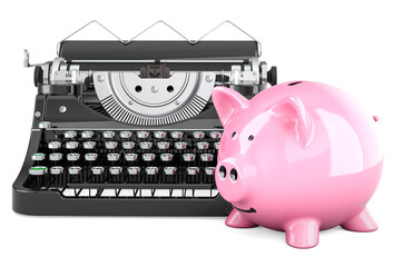Poster - typewriter with piggy bank, 3d rendering