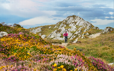 Wall Mural - nice senior woman on mountain bike, cycling in sunset on the cliffs of Sheeps Head, County Cork, in the southnwestern part of the Republic of Ireland