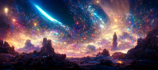 Wall Mural - space fantasy landscape with stars and nebulae in deep space universe