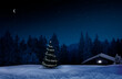 Blockhütte mit einem Weihanchtsbaum in einer Winternacht