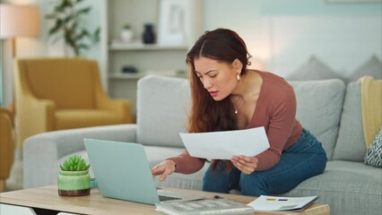 Poster - Woman, paper and laptop in living room on sofa working on project, assignment or task for college or business. Student, girl and home to study, for test or exam at university with handheld movement