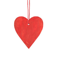 Hanging Red Wooden Heart. Christmas Ornament Isolated On Transparent Background.
