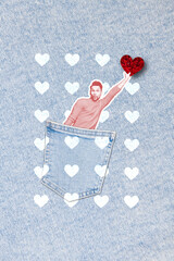 Sticker - Photo cartoon comics sketch picture of funny funky guy sitting inside pants pocket holding red heart card isolated drawing background