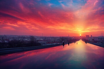 Sticker - anime style, Belgrade Serbia March 2019 Colorful and beautiful sunset scenery over the city of Belgrade while driving a car on the highway Entering the capital of Serbia with an urban street view ove