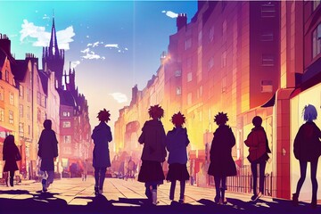 Wall Mural - anime Tourists walking around the capital city This is a famous landmark Edinurgh city centre scotland Uk th 2 , Anime style no watermark