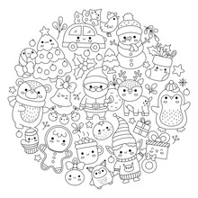 Vector Christmas Round Line Coloring Page For Kids With Cute Kawaii Characters. Black And White Winter Or New Year Holiday Illustration With Funny Santa Claus, Deer, Elf, Bear, Tree Framed In Circle.